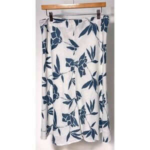 Amanda Smith 100% Linen Blue White Bold Floral Lined Circle Skirt Sz L